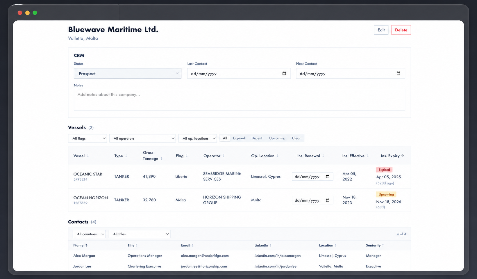 Insurance broker CRM and renewal tracking tool screenshot